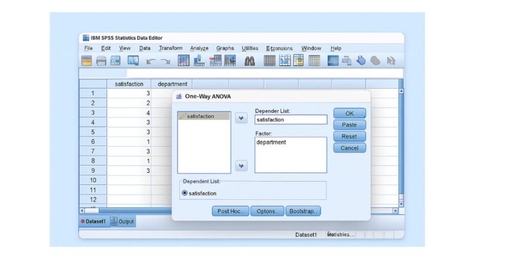 SPSS One-Way ANOVA dialog box showing satisfaction as the dependent variable and department as the factor.
