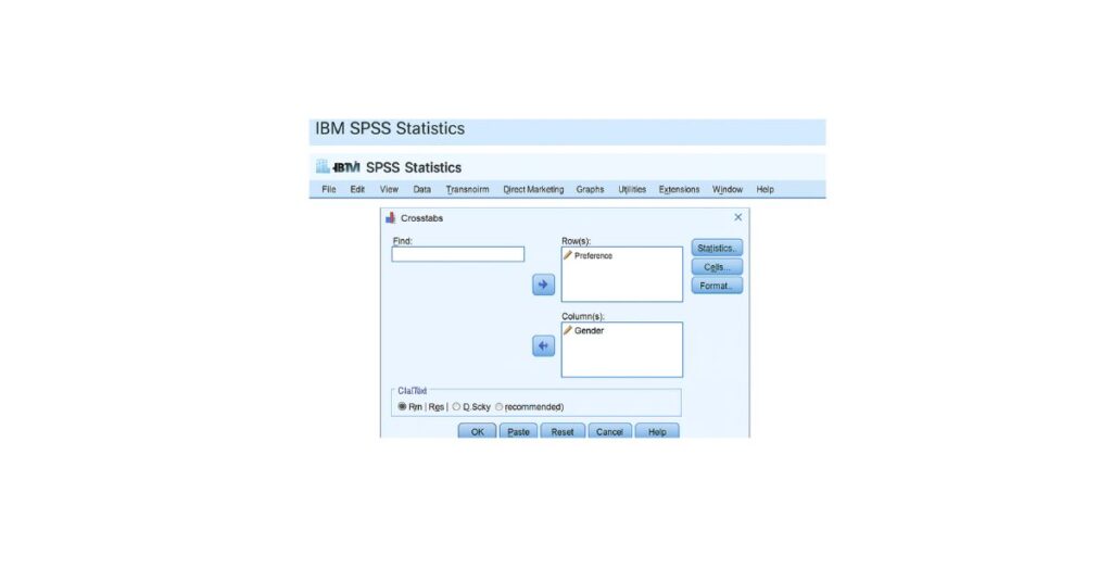 SPSS Crosstabs window showing Chi-Square test setup with preference placed in rows and gender in columns.