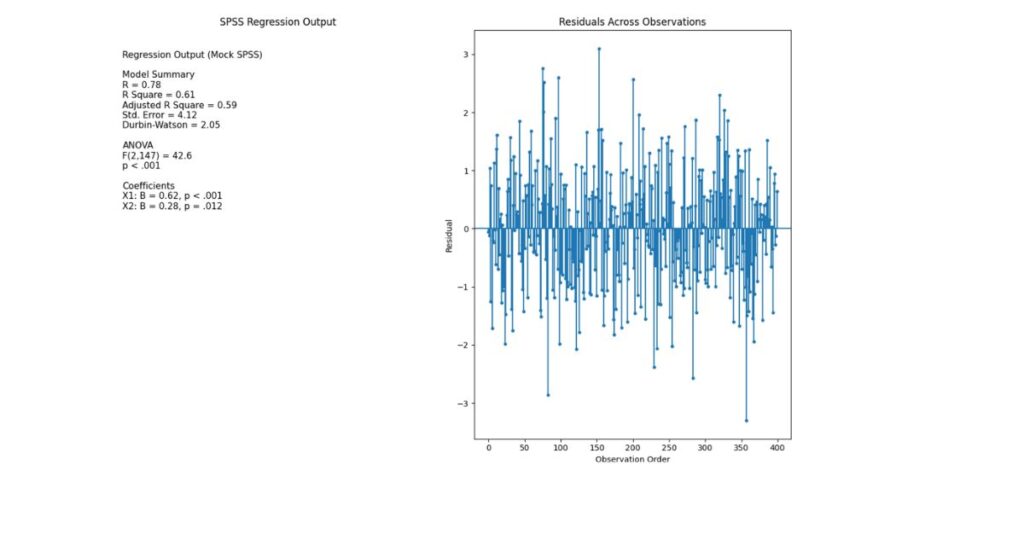 Combined linear regression assumptions image showing SPSS regression output, residuals across observations, and a checklist of linearity, homoscedasticity, normality, and independence.