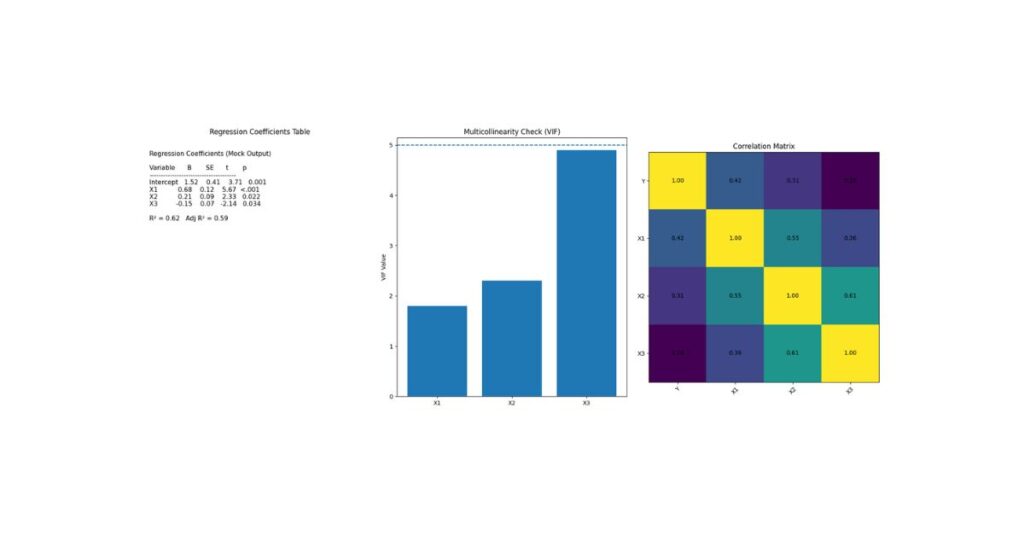 Combined regression diagnostics image showing regression coefficients table, variance inflation factor chart, and correlation matrix heatmap for assessing multicollinearity in linear regression.