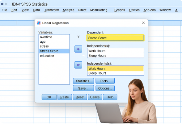 A screenshot of IBM SPSS Statistics showing the Linear Regression dialog box with ‘Stress Score’ selected as the dependent variable and ‘Work Hours’ and ‘Sleep Hours’ selected as the independent variables. A female student sits at a laptop in the bottom right corner, demonstrating how to set up regression analysis in SPSS.