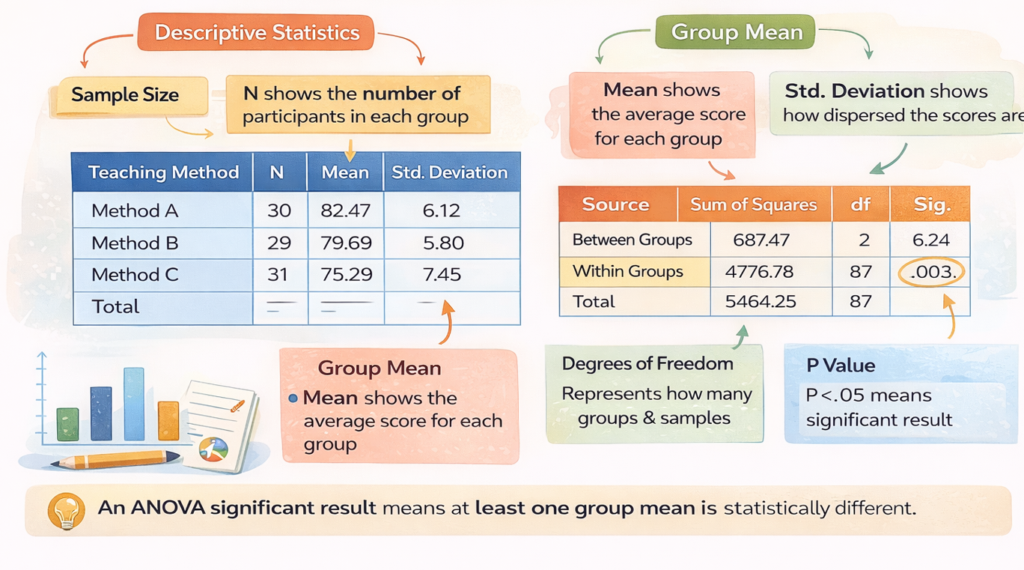 SPSS descriptive statistics and ANOVA output interpretation showing group means, standard deviation, and significant p-value.