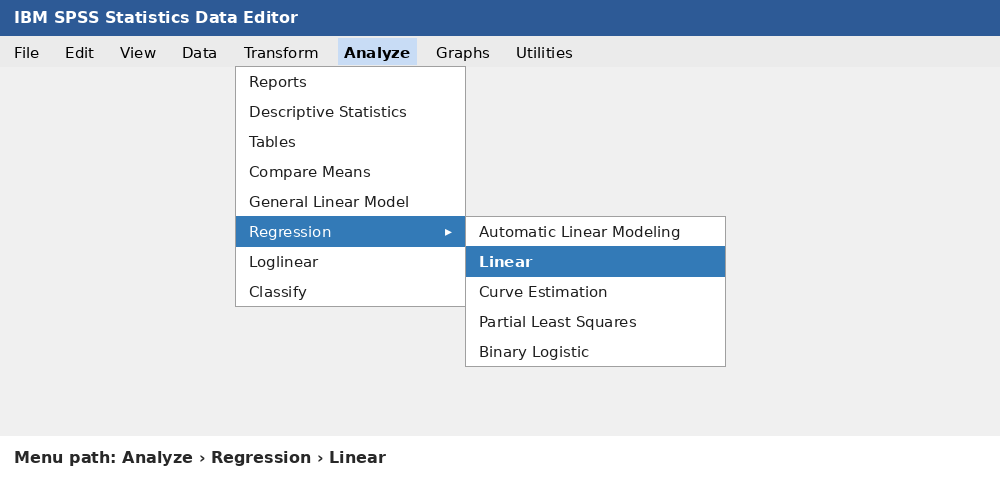 SPSS menu navigation showing Analyze, Regression, Linear used to open the regression dialog