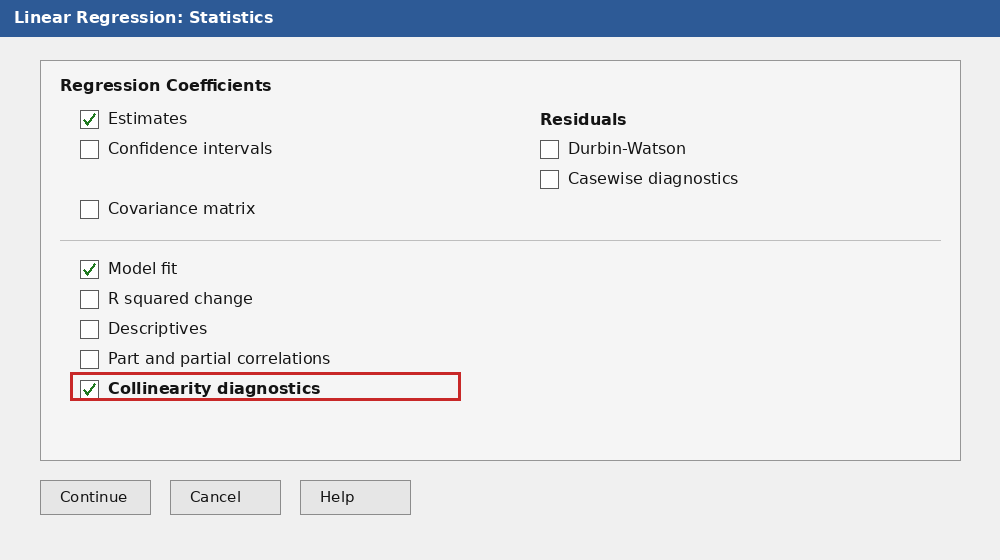 SPSS Linear Regression Statistics dialog with Collinearity diagnostics checkbox selected
