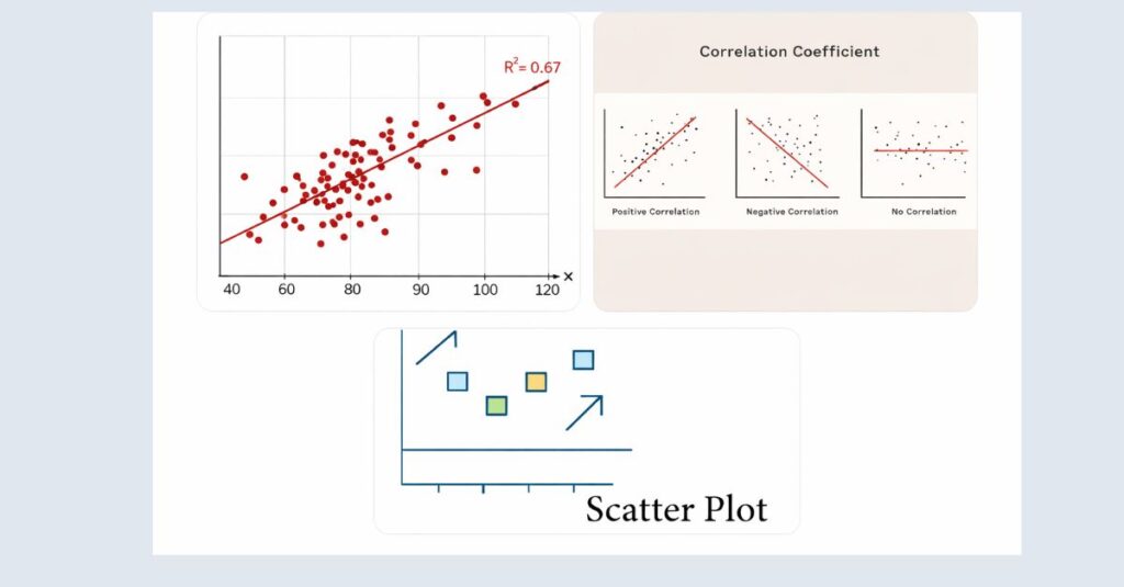 Composite image showing three scatter plot examples: a red scatter plot with a linear regression line demonstrating a positive relationship, a blue stylized scatter plot illustrating an upward trend, and a black-dot scatter plot comparing positive, negative, and no correlation patterns using regression lines.
