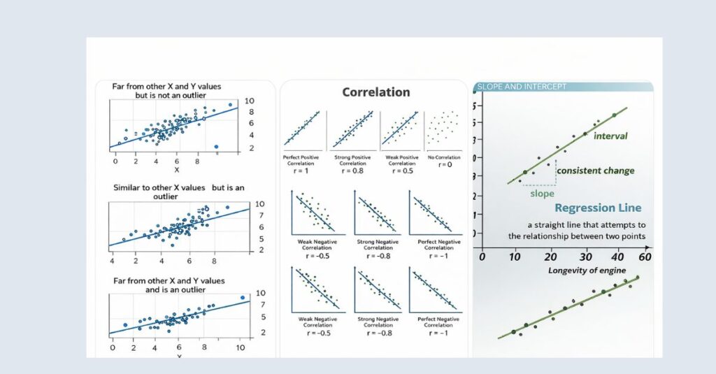 Single composite image illustrating scatter plot analysis: blue data points showing linear relationships and outliers, green data points demonstrating different levels of positive and negative correlation, and a regression line diagram explaining slope, intercept, and consistent change between variables.