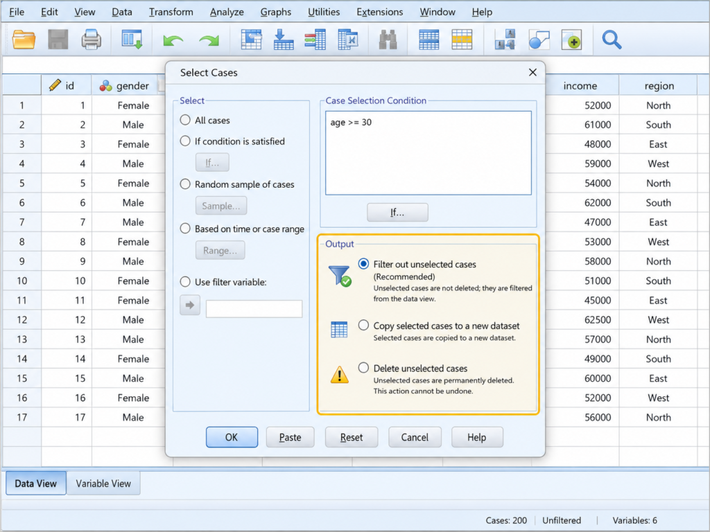 SPSS Select Cases output options showing Filter out unselected cases, Copy selected cases to a new dataset, and Delete unselected cases.