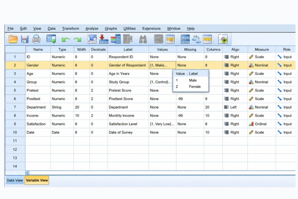 SPSS Variable View showing the Gender variable with value labels 1 = Male and 2 = Female before selecting cases.