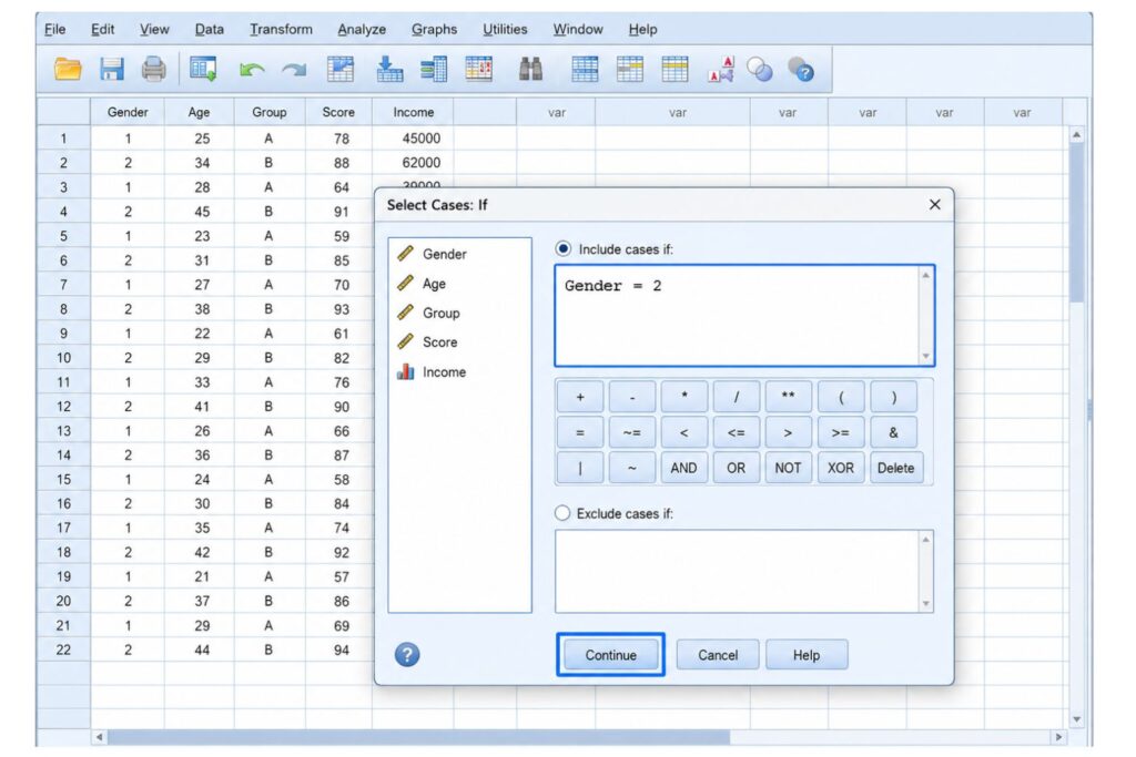 SPSS Select Cases If dialog box showing the condition Gender = 2 to select female respondents.