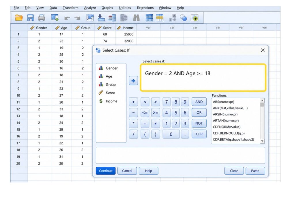 SPSS Select Cases If dialog box showing the rule Gender = 2 AND Age >= 18 to select female respondents aged 18 and above.