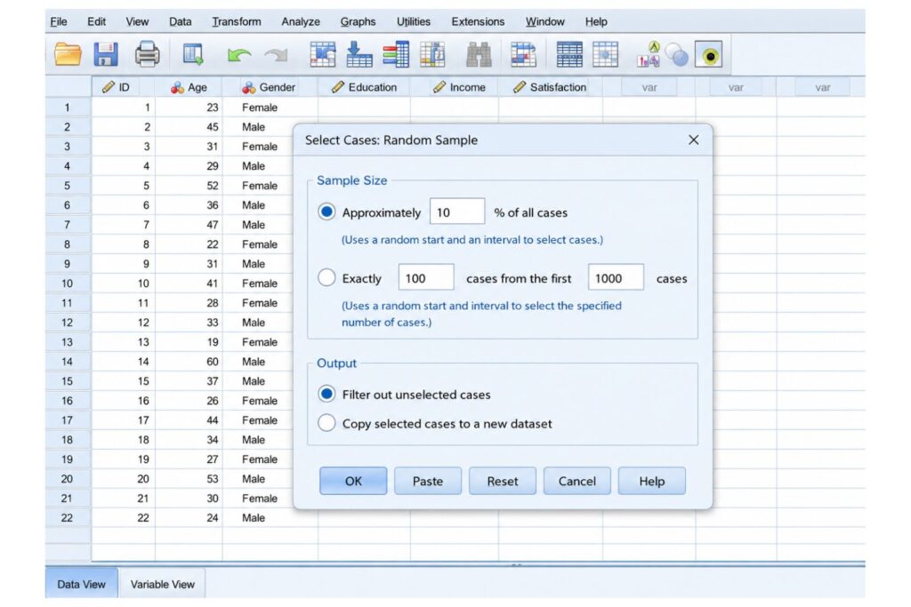 SPSS Random Sample dialog box showing options to select approximately 10% of cases or exactly 100 cases from the first 1,000 cases.
