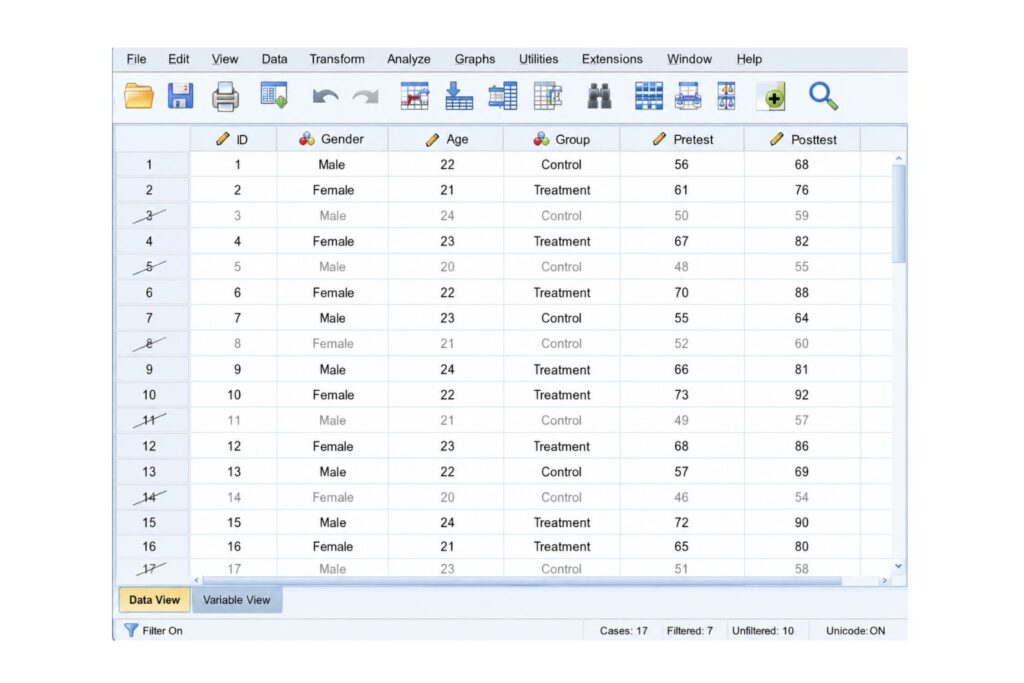 SPSS Data View showing selected cases active and unselected cases marked with diagonal slashes after applying a filter.