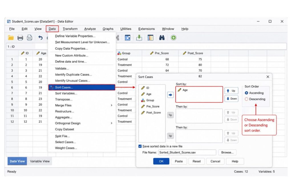 how to sort cases in SPSS using the Sort Cases dialog box