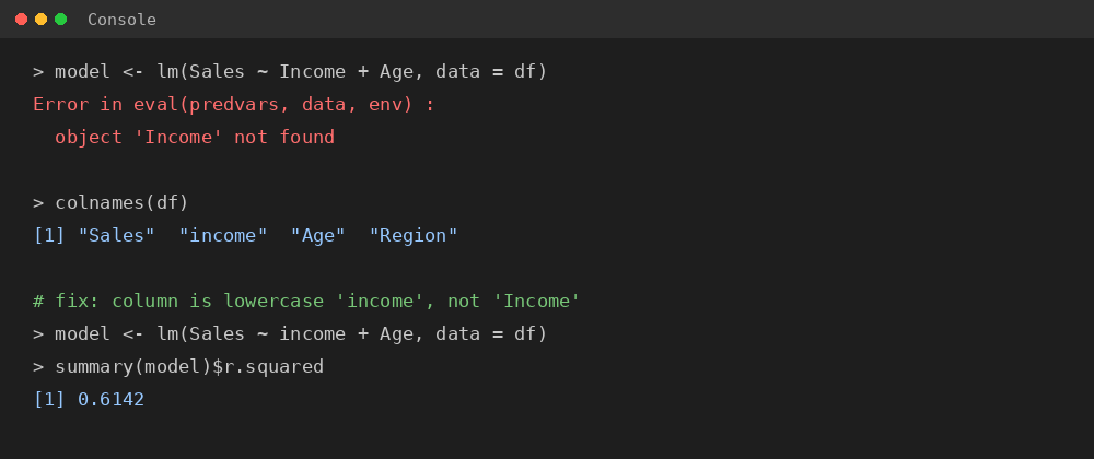RStudio console showing a common object not found error and the corrected R code that fixes it