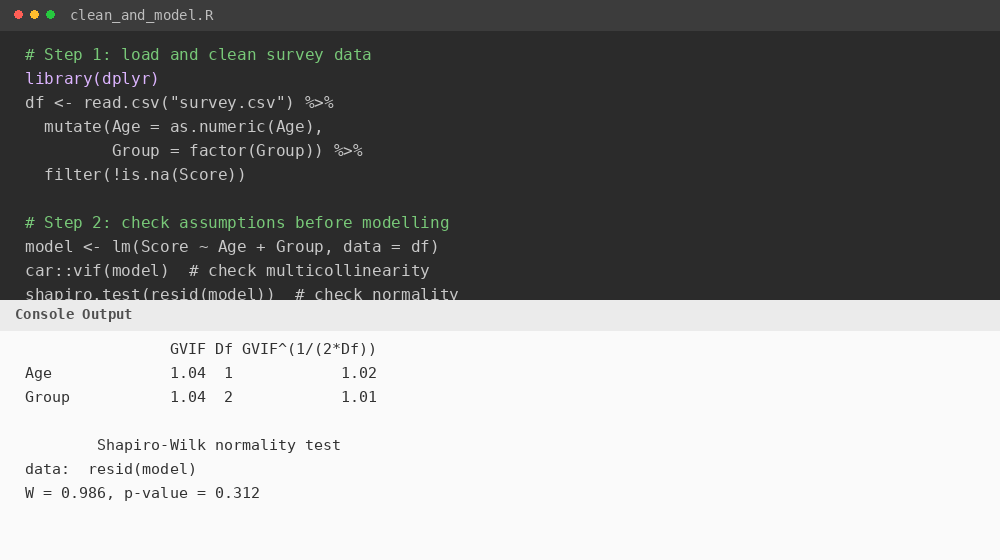 Commented R script in RStudio with dplyr data cleaning code next to its console output