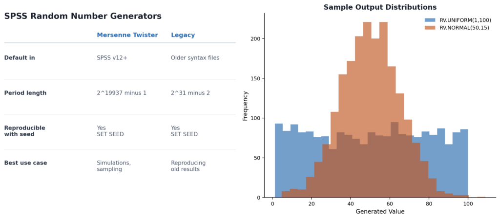Comparison table of SPSS Mersenne Twister vs Legacy random number generators with sample distribution histograms