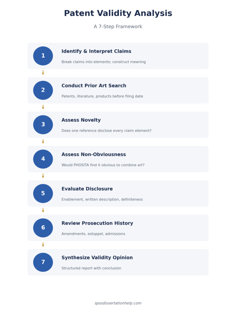 7-step patent validity analysis process flow diagram