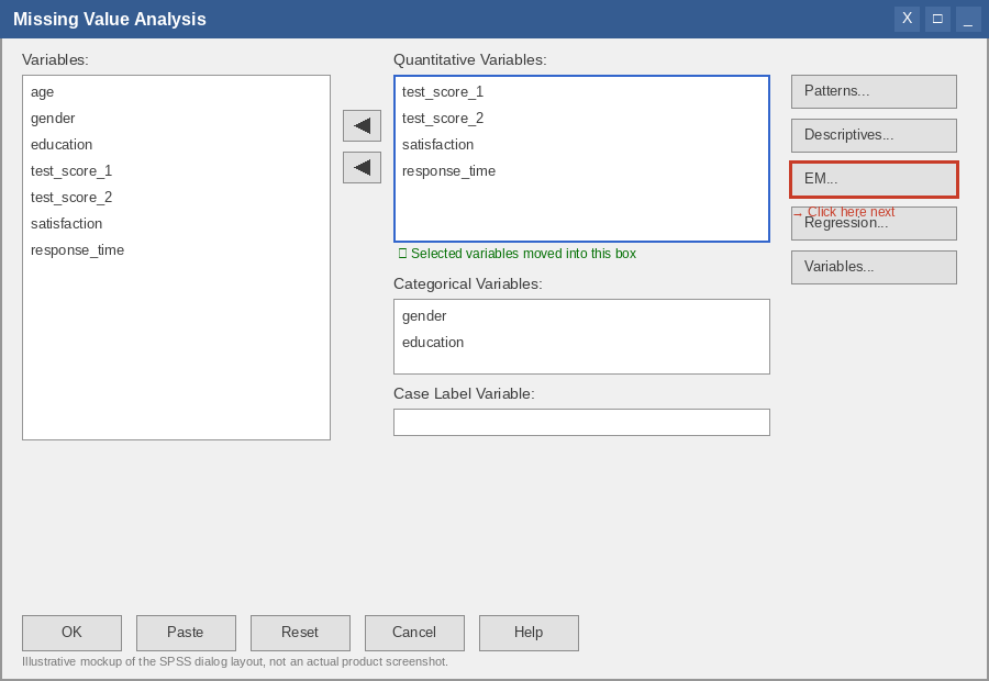 SPSS Missing Value Analysis dialog with scale variables added to the Quantitative Variables box, ready to click EM.